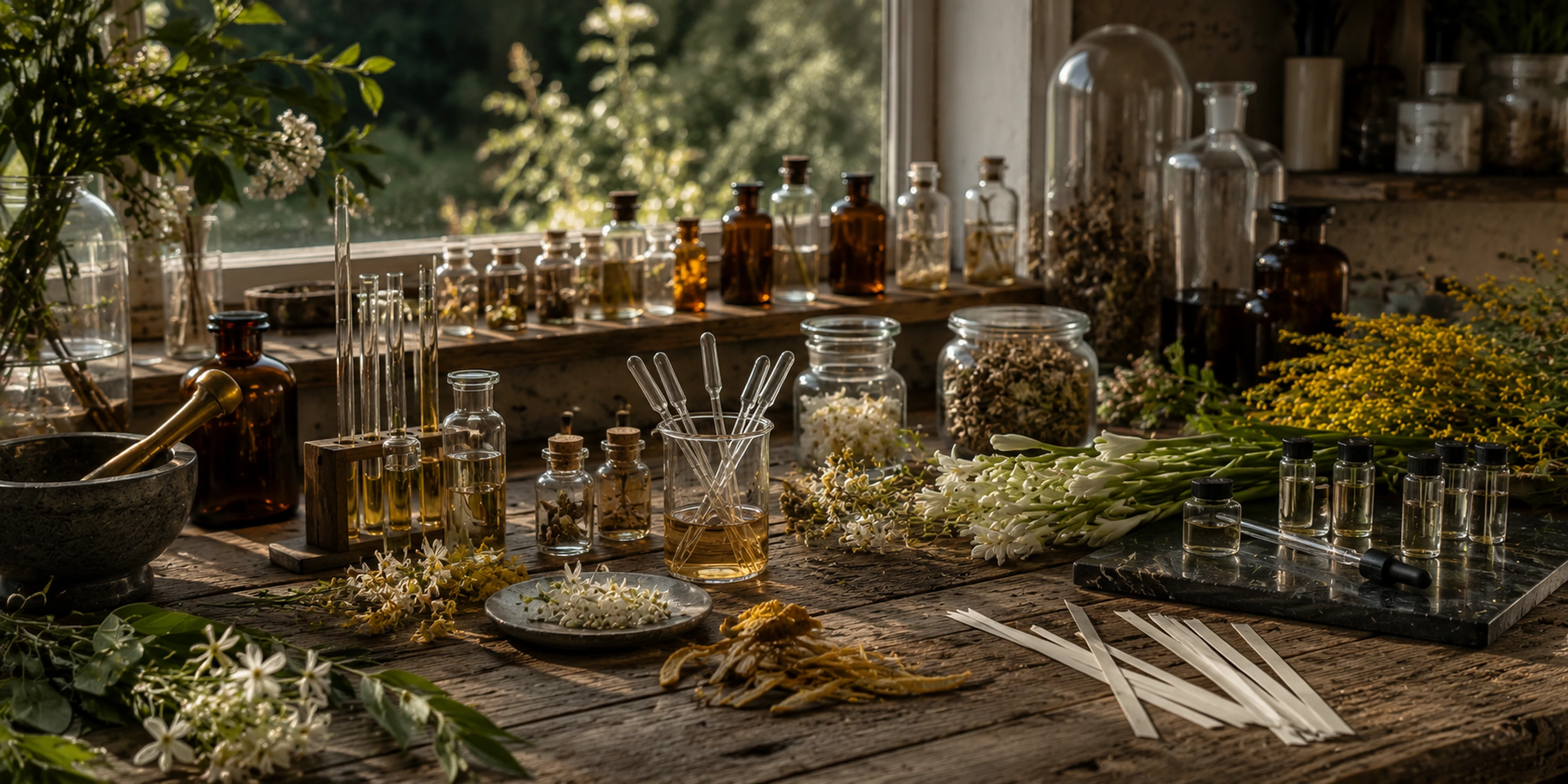 Natural perfumery bench with broom flowers, tuberose and petitgrain in pale spring light.