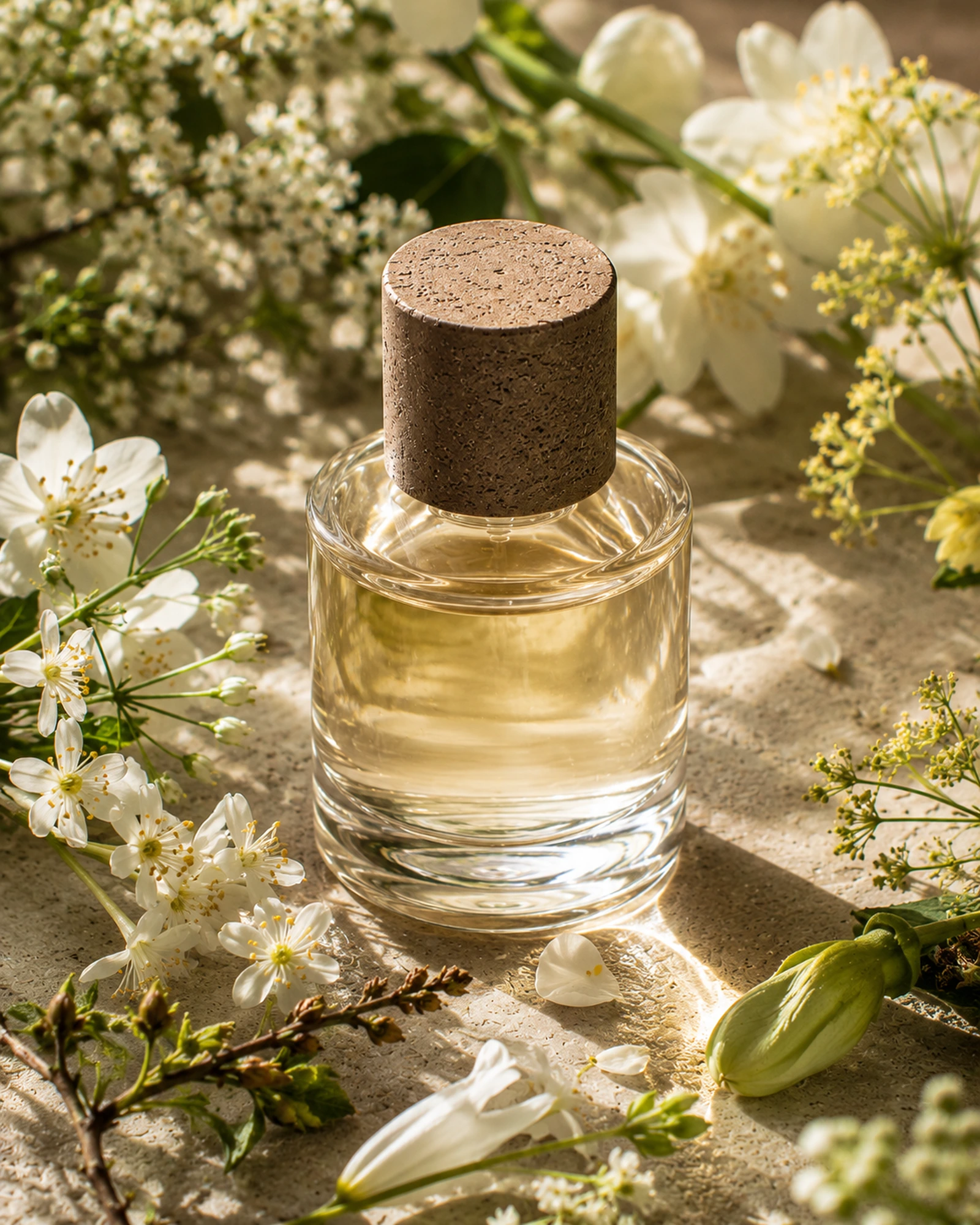 Natural perfume bottle on pale stone with broom flowers, tuberose petals and petitgrain leaves nearby.