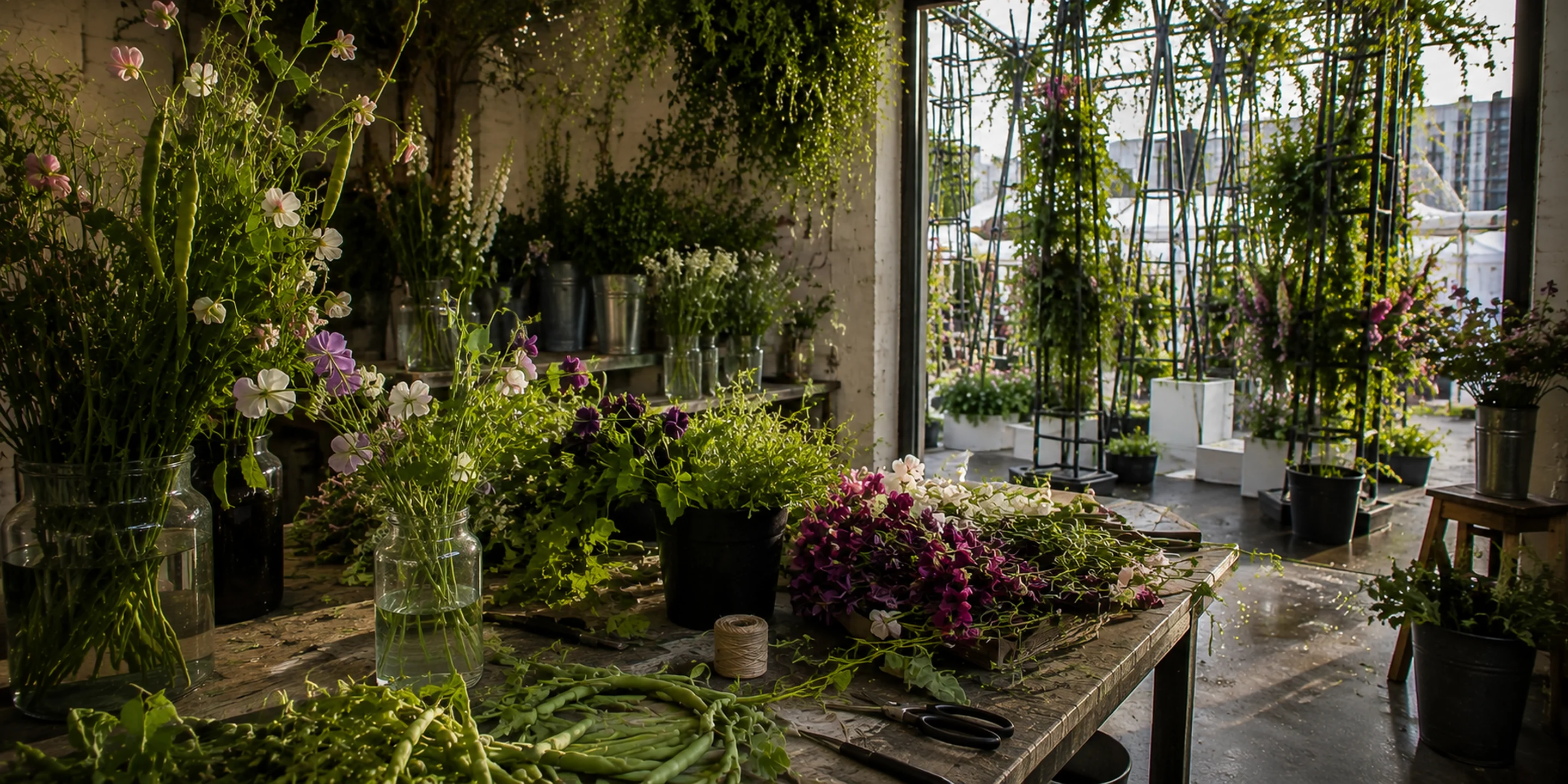 South London floral studio preparing the Full of Beans Chelsea installation with legumes, sweet peas and lupins.