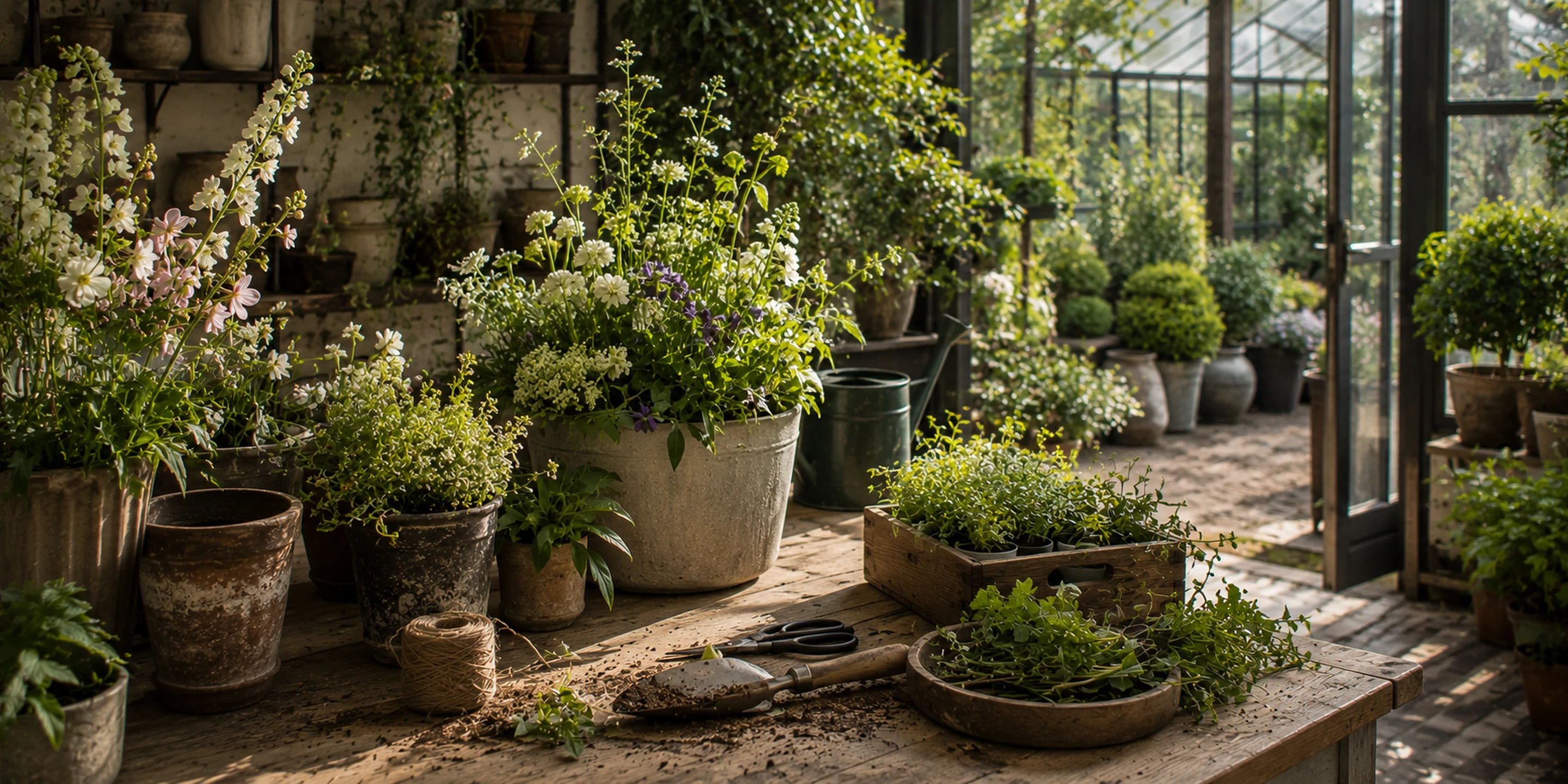 Richmond greenhouse nursery in late spring, terracotta pots, seasonal container plants and scented pelargoniums.