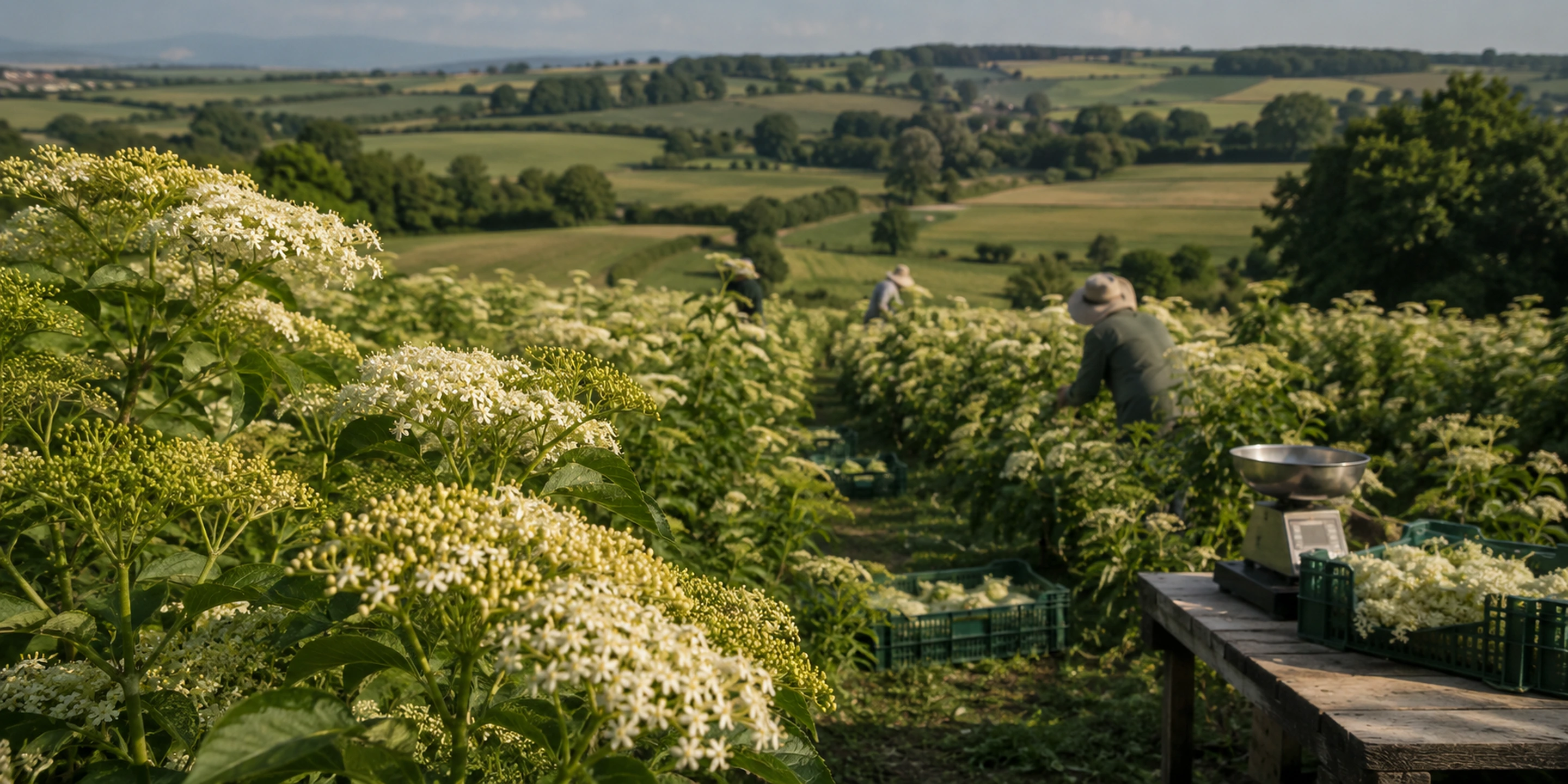 Leicestershire elderflower harvest, creamy pollen-heavy umbels and weighing station in the Vale of Belvoir.