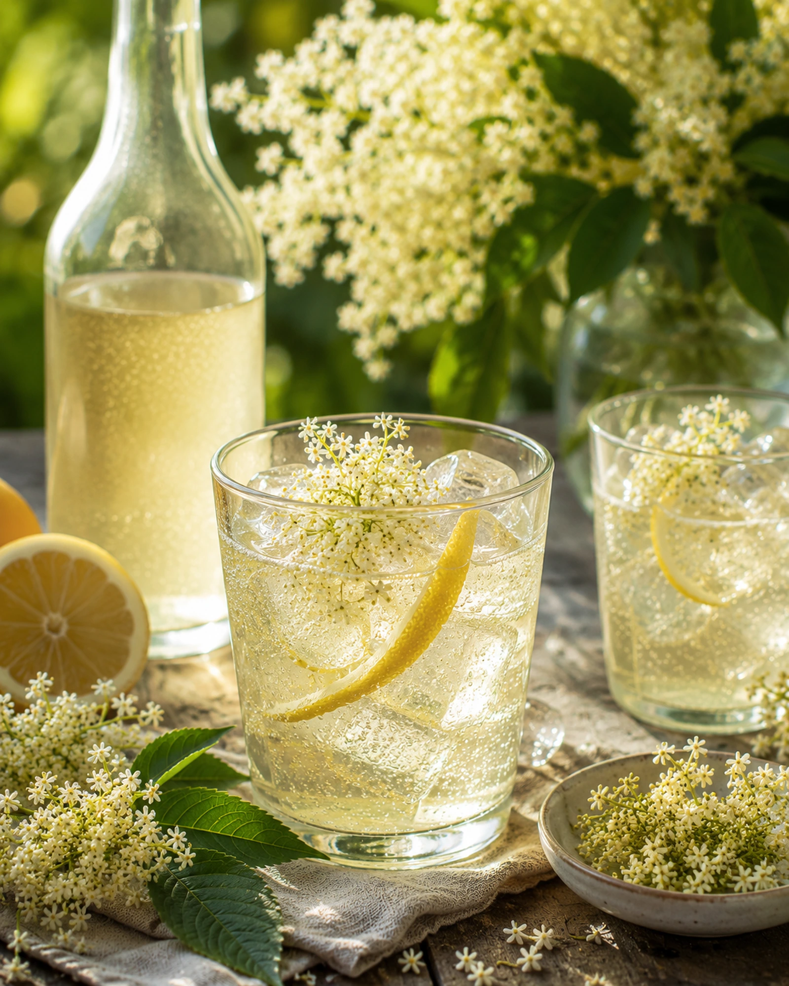 Organic elderflower cordial diluted over ice in a clear glass with fresh elderflower heads and lemon peel.