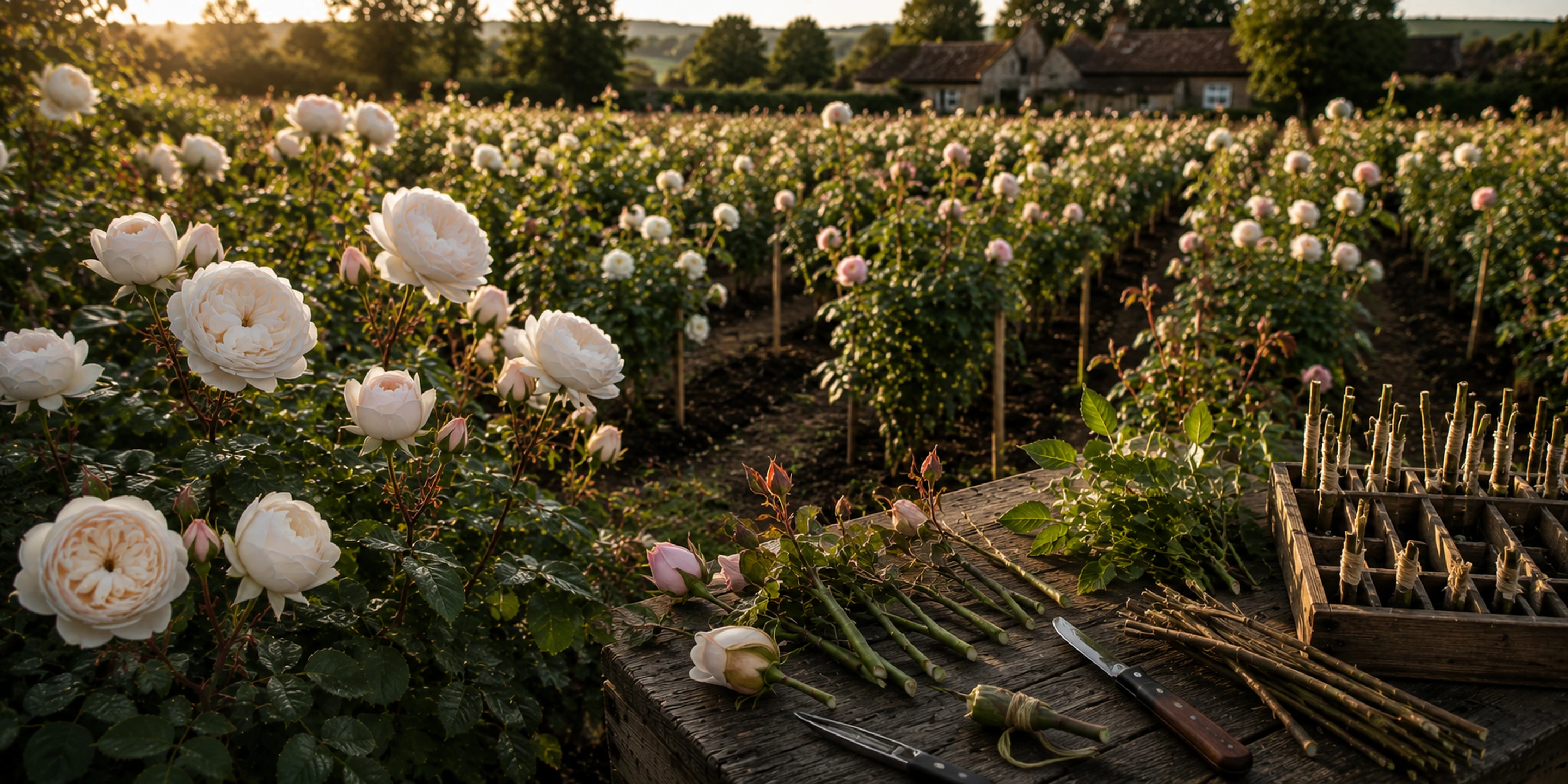 Shropshire rose nursery in early summer, English shrub roses in trial beds with luminous white blooms.