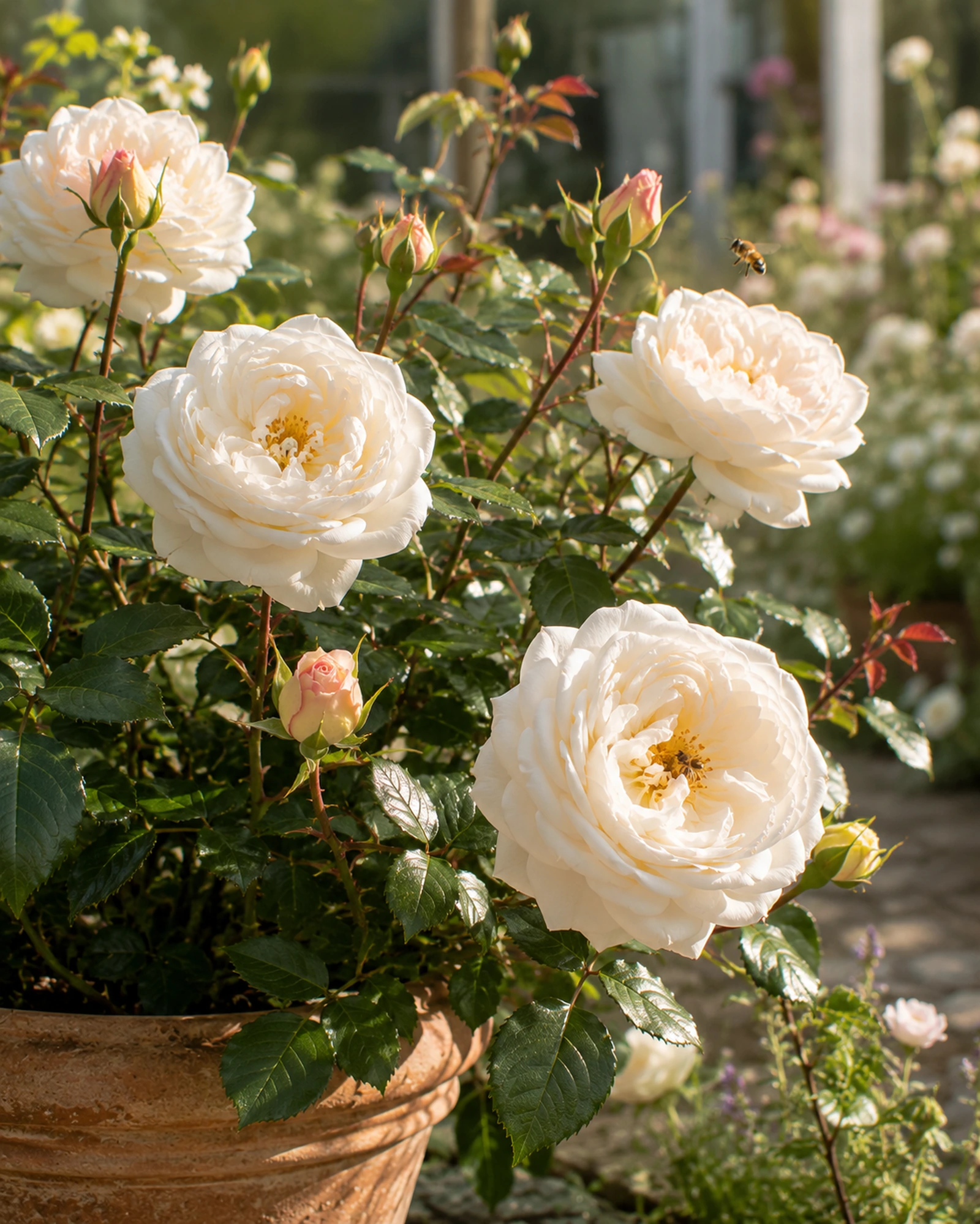 Luminous white Sir David Beckham English shrub rose with golden stamens, dark foliage and red-tinged stems.