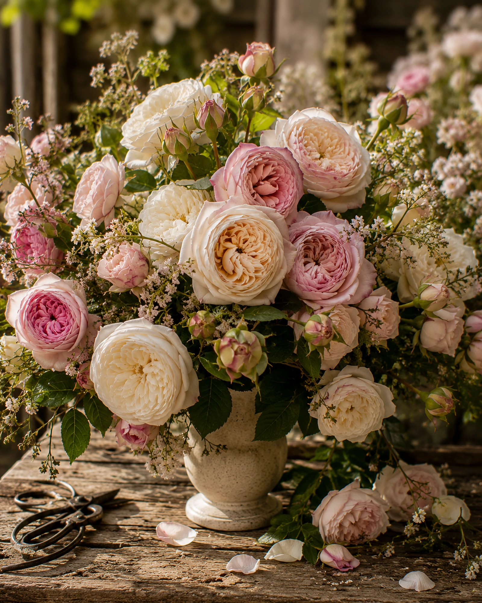 Old garden roses in a florist bucket with irregular blush, cream and apricot tones.