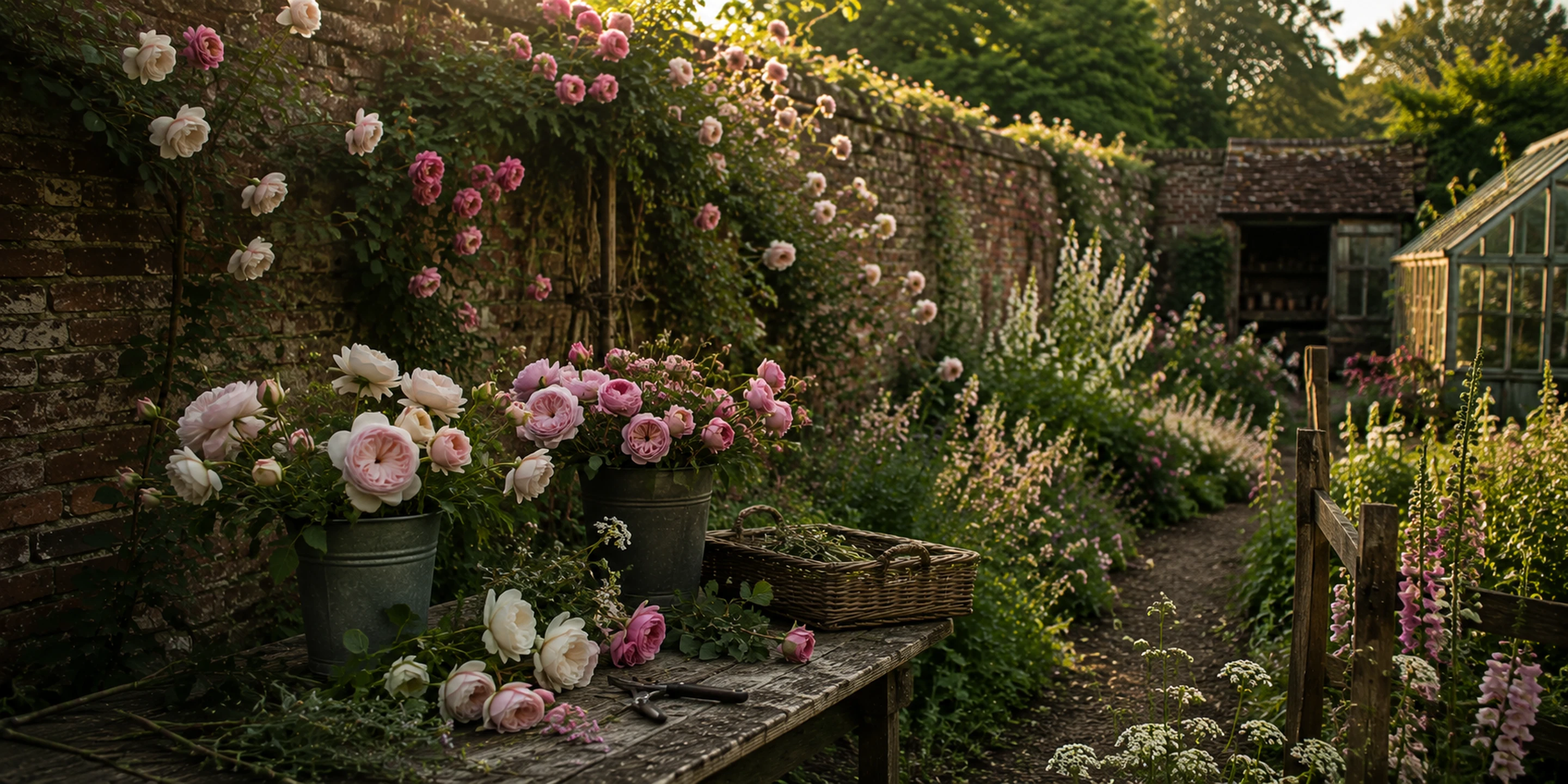 Walled kitchen gardens near Ludlow, old and rambling roses spilling over supports in early summer light.