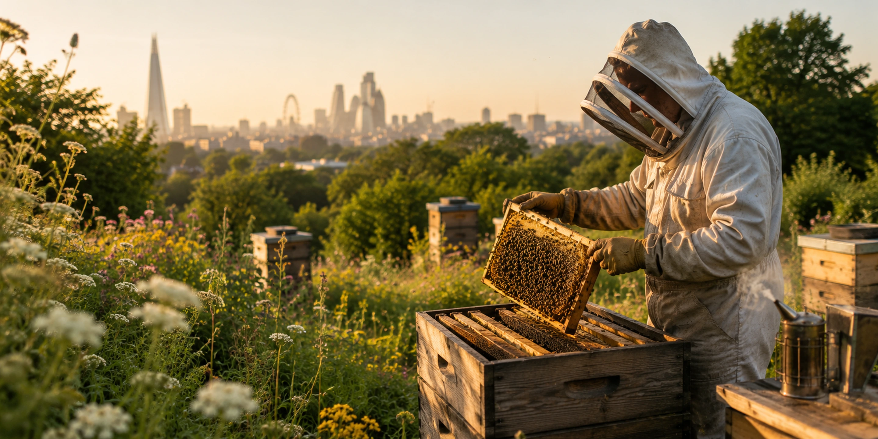 London rooftop beehives in late spring, bees returning over flowering city trees and parks.