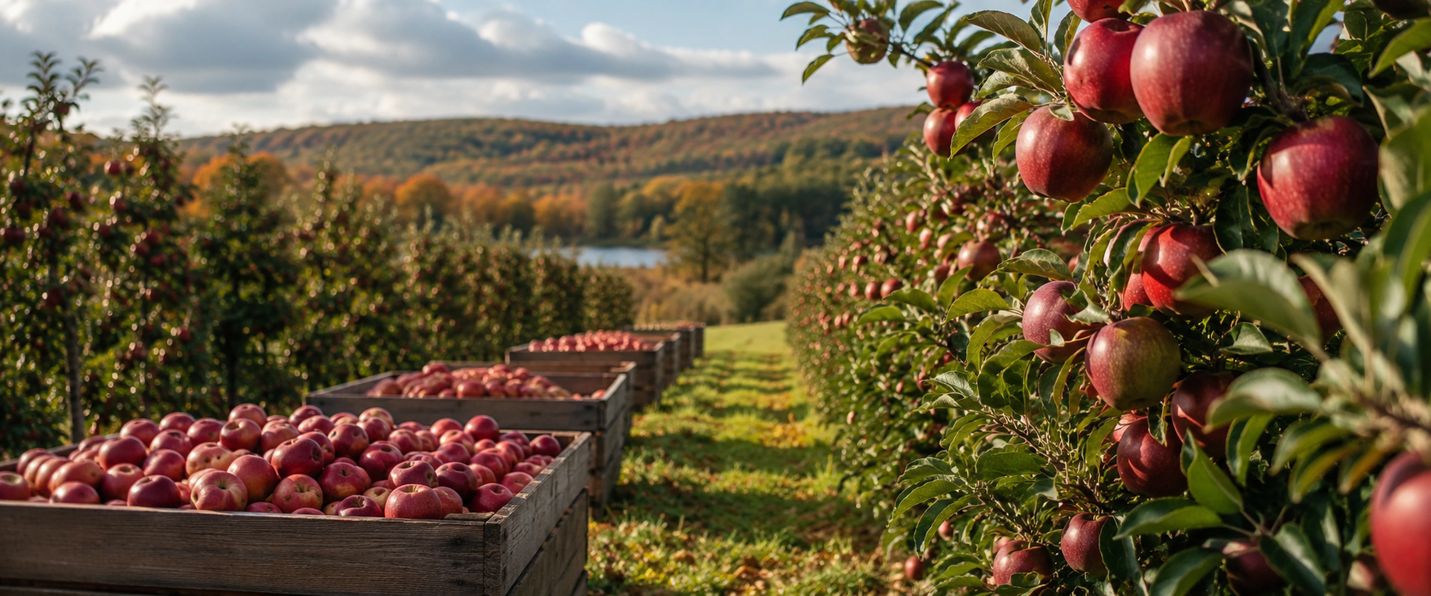 Red Apple Farm Phillipston orchard rows with apple varieties ripening across the July to October harvest sequence.
