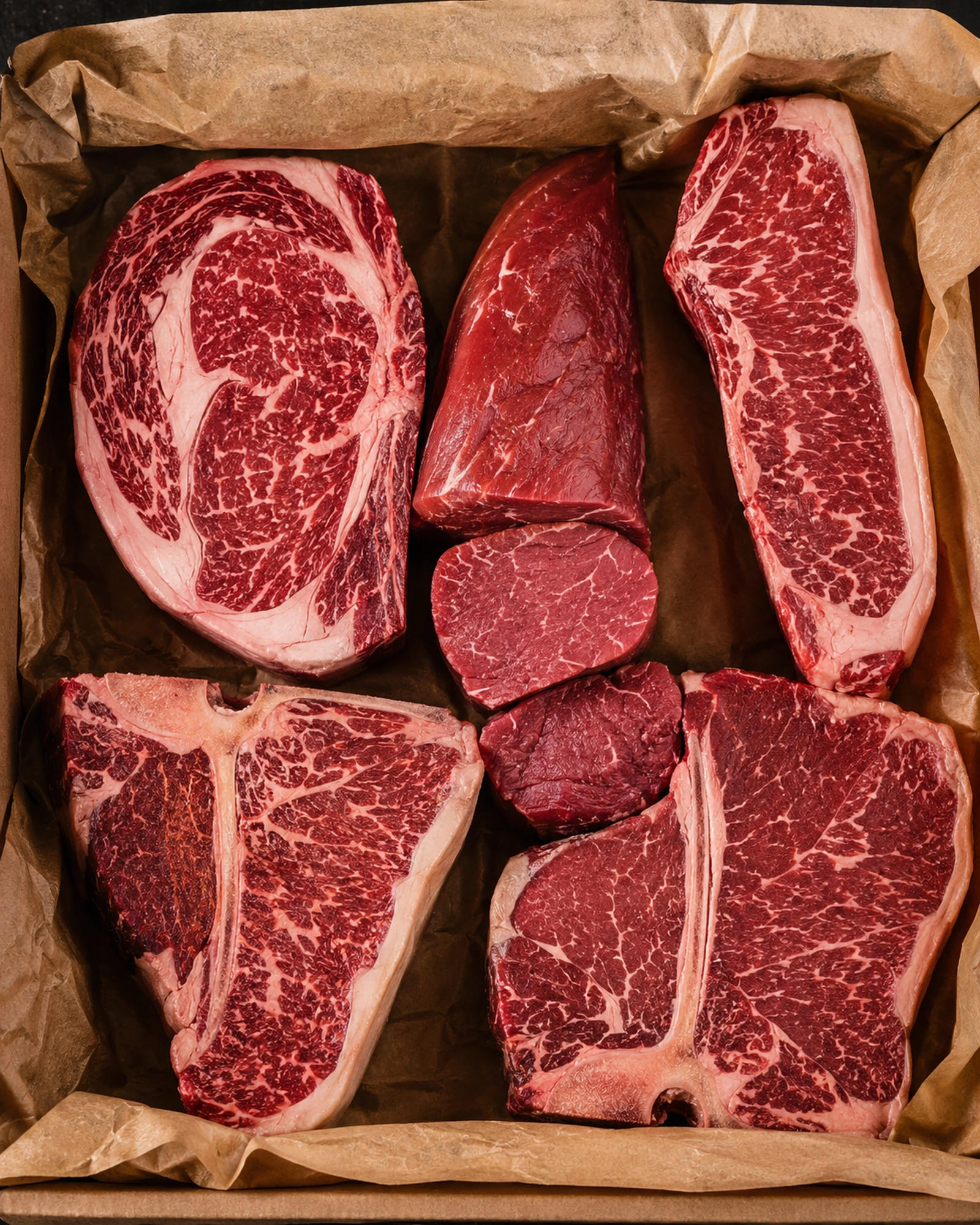 Premium Steak Box from Lilac Hedge Farm with ribeye, tenderloin, New York strip, T-bone and porterhouse cuts.