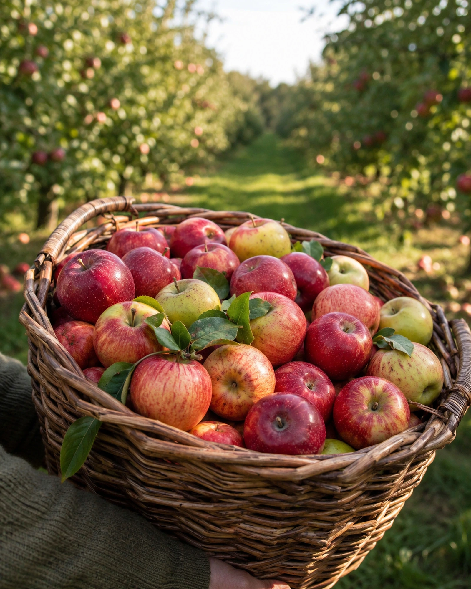 Apple Picking basket at Red Apple Farm with different Malus domestica varieties selected for eating, sauce, pie and storage.